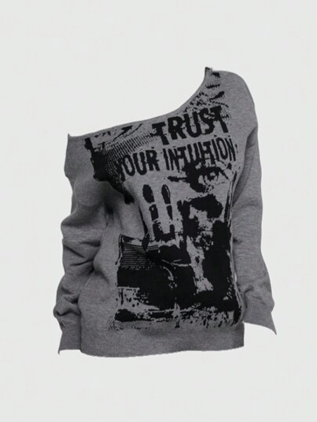ROMWE Grunge Punk Suéter feminino retrô com estampa tie-dye de esqueleto para festa em festival de música, com ombros soltos, estilo Kpop.