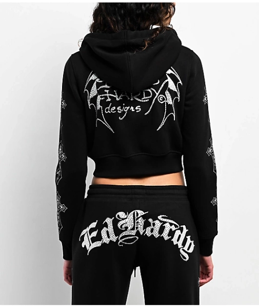 Ed Hardy Crosses Rhinestone Black Crop Zip Hoodie