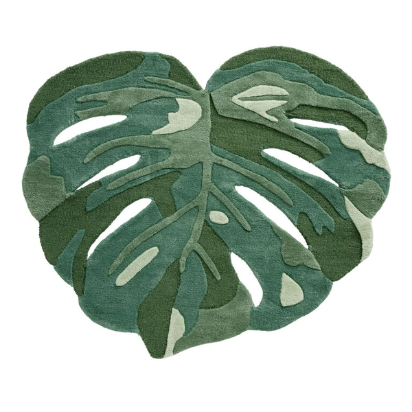 Tonal Green Monstera Leaf Wool Area Rug