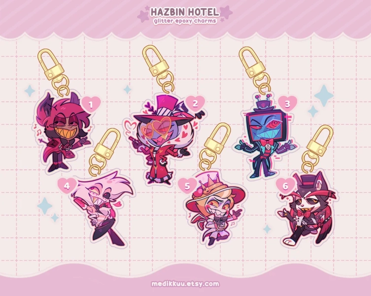 PREORDER Hazbin Hotel Charms Keychains & Stickers | Alastor, Valentino, Vox, Angel Dust, Husk - Etsy