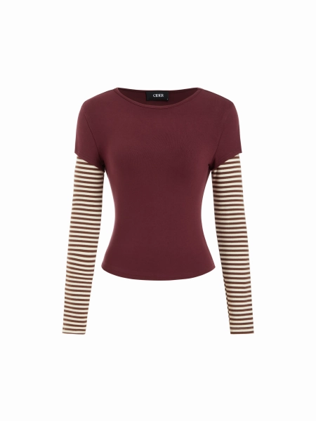 Cotton Striped Round Neckline Colorblock Top