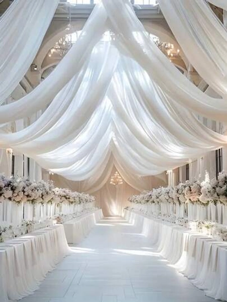 1 szt. 393-calowa biała przezroczysta tkanina do drapowania, zasłony sufitowe z szyfonu, romantyczna dekoracja ceremonii ślubnej, wielofunkcyjna tkanina z gazy, dekoracja ślubu na świeżym powietrzu, dekoracja wieczoru panieńskiego, dekoracja przyjęcia weselnego, dekoracja przyjęcia urodzinowego, włóczka do łuku ślubnego, dekoracja tła na imprezę