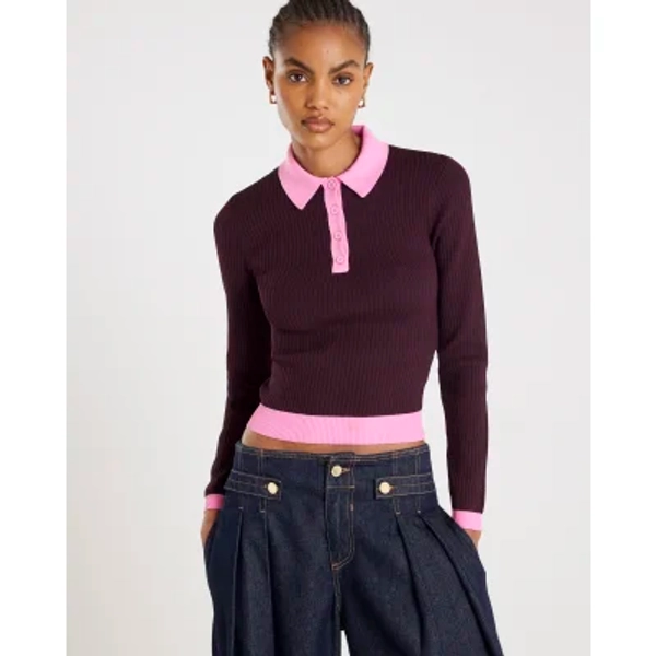 Red Knit Long Sleeve Ribbed Polo Top