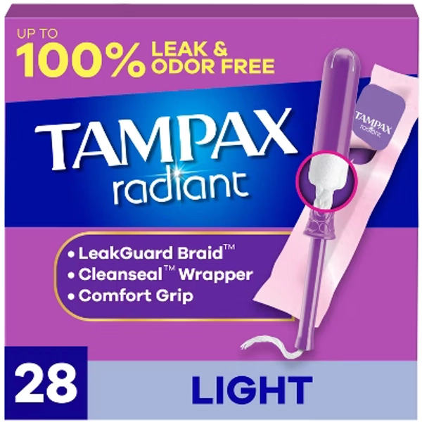 Tampax Radiant Light Absorbency Plastic Applicator and LeakGuard Braid Unscented Tampons - 28ct