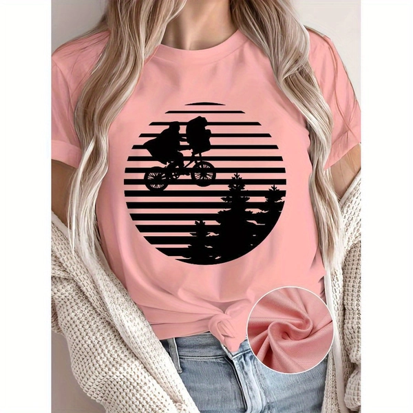 Rundhals Druck Kurzarm T-Shirt, Weiche Sport-Trikot, Damenbekleidung