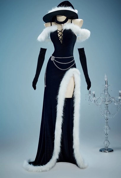 Yor Derivative Christmas Gothic Black Dress Set Dark Witch Style Furry Dress with Hat Gloves