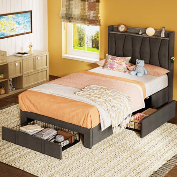 Ivy Bronx Upholstered Bed Frame with 3 Drawers, Bed with Storage Headboard and Charging Station