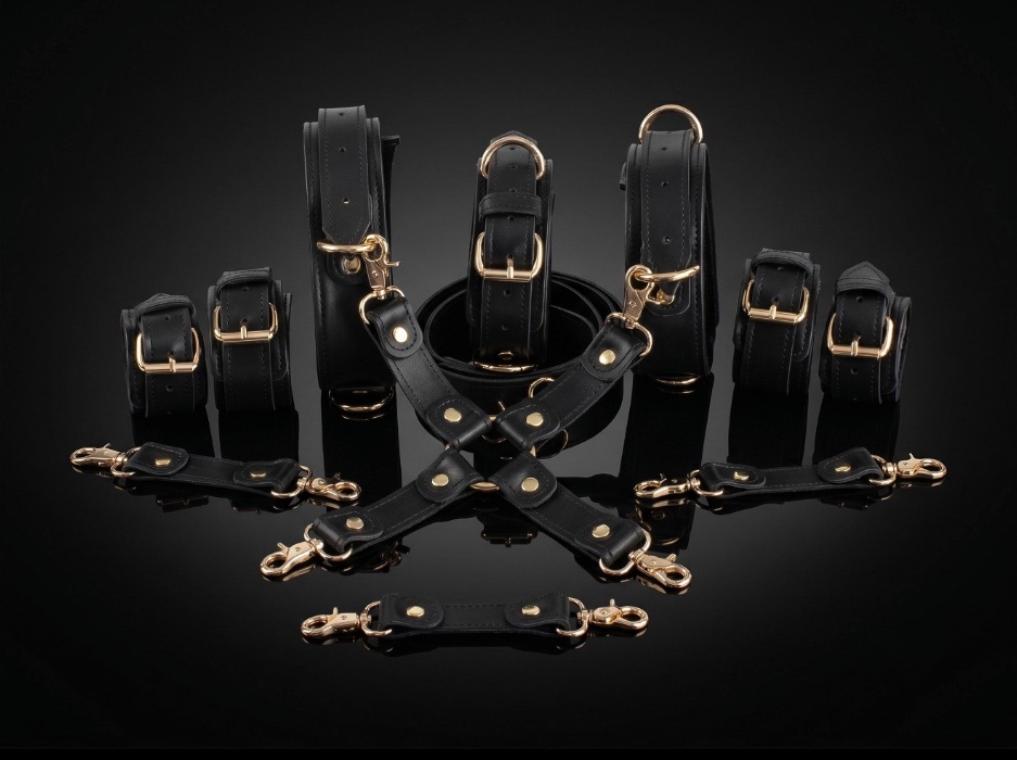 Leder Bondage Set 5in1, Halsband mit Leine, Handfesseln, Fußfesseln, Oberschenkel Manschetten