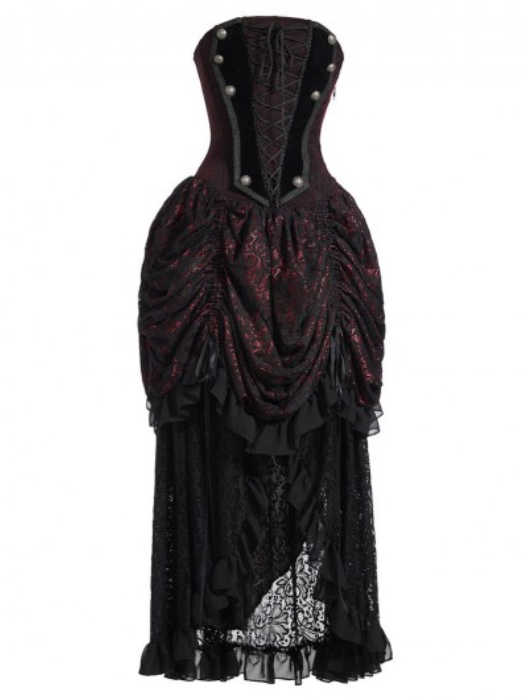 Pentagramme Red Vintage Gothic Strapless Bustier High-Low Party Dress - DarkinCloset.com