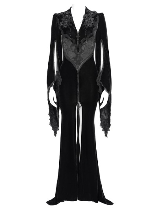 Eva Lady Black Gothic Embroidered Velvet Long Fishtail Dress Coat  - DarkinCloset.com