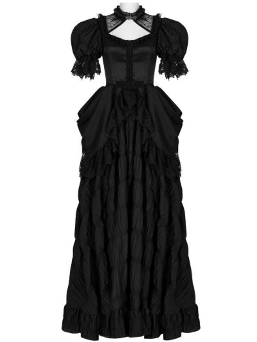 Punk Rave Black Gothic Gorgeous Embroidered Lace Puff Sleeve Long Victorian Party Dress - DarkinCloset.com