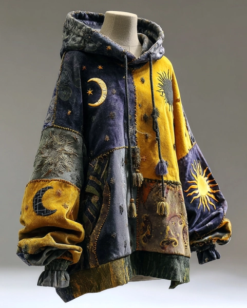 Women's Star and Moon 3D Celestial Embroidery Contrast Color Stitching Hooded Sweatshirt c9eb