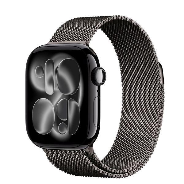 Apple Watch SeriesΒ 11 GPS + Cellular, 42mm Jet Black Aluminum Case with Slate MilaneseΒ Loop