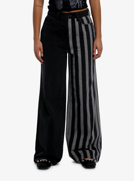 Social Collision Dark Grey Stripe Split Wide Leg Jeans