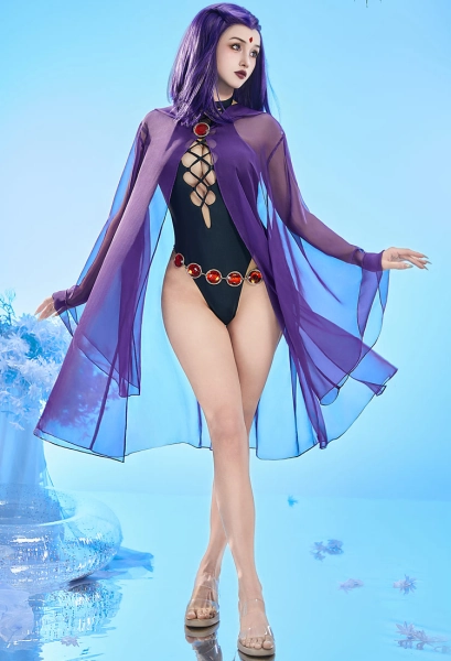 Teen Titans Raven Derivative One-piece Swimsuit Cutout Cross-strap Swimsuit with Hooded Cover-up and Waist Chain