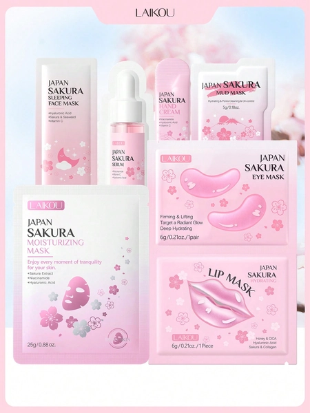 LAIKOU 7Pcs Nourishing LAIKOU Japan Sakura Skincare Set, Brightening Travel Sleep Facial Mask Hand Cream Moisturizing Essence Mud Mask Anti-Wrinkle Serum Fade Lip Lines Lip Mask Lightening Dark Circles Eye Mask Self Care Makeup Skin Care Spa Gifts For Women, Mom, Wife, Sister, Teen, Girl Friend