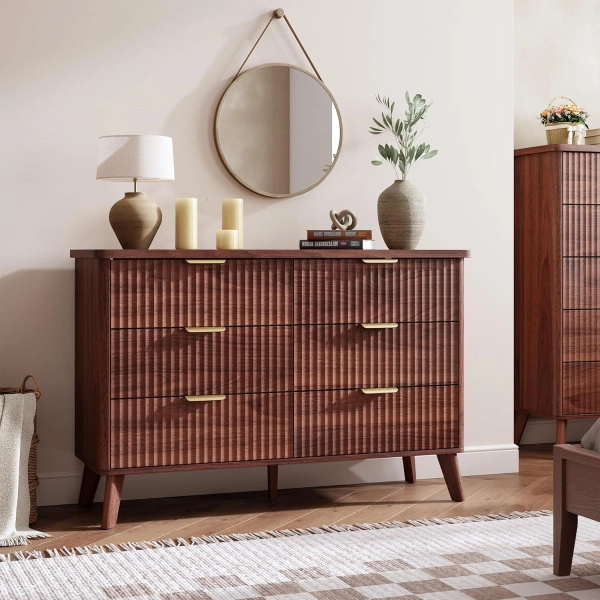 Walnut Fluted 6-Drawer Dresser, 47.2" Wide Curved Wood Chest for Living Room
