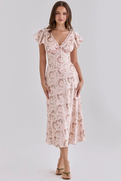 Raye Vintage Rose Floral Print Satin V-Neck Midi Tea Dress