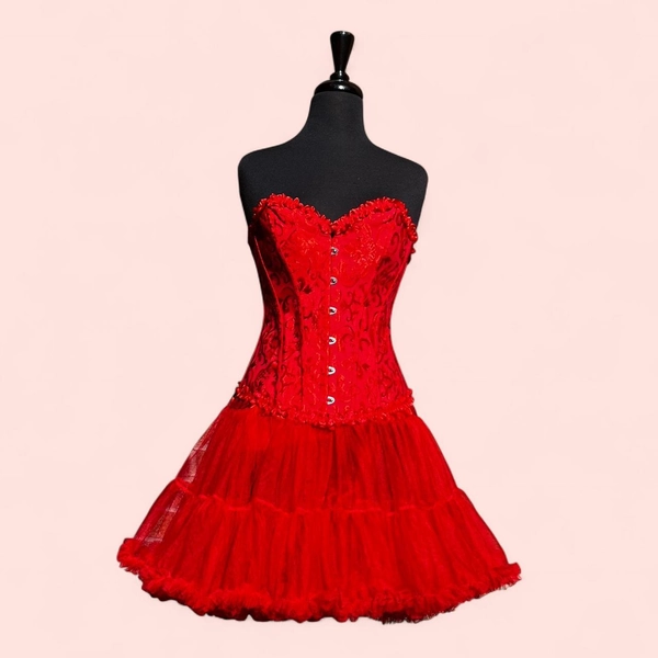 red corset, silver closures and red ribbon ties....