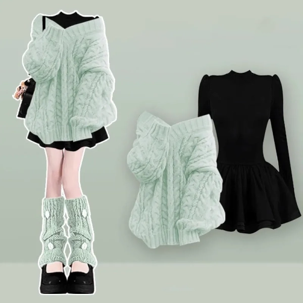 Knit Sweater Black Dress Two Pieces