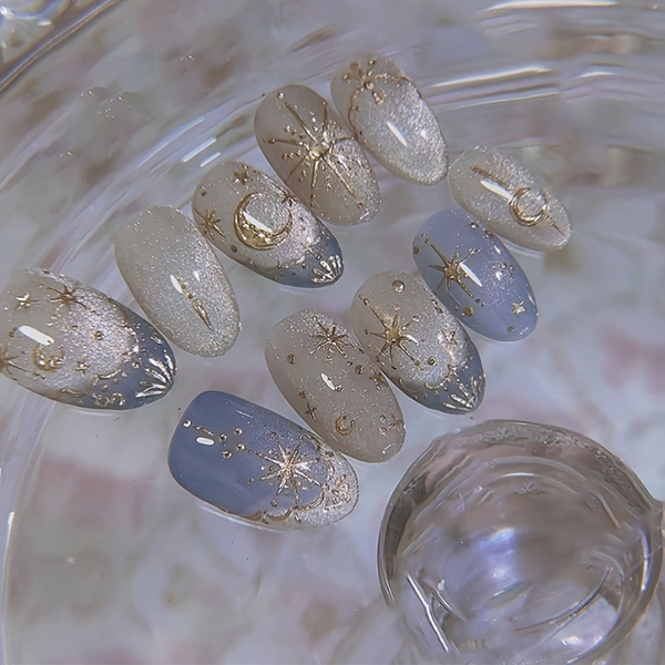 TEMU 24pcs Glossy Press-on Nails Blue Gradient & Stars Almond Short Reusable Artificial False Nails For Women - Elegant Glitter Wedding Bridal