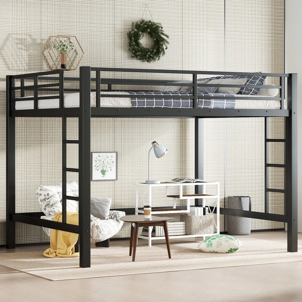 Queen Size Metal Loft Bed Loft Bed with Easy Climbing Ladder and Guardrails