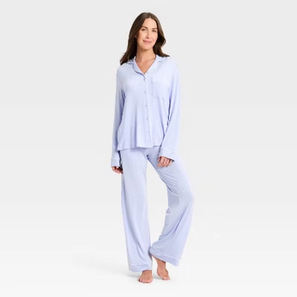 Women's Cloud Knit Long Sleeve Notch Collar Top and Pants Pajama Set - Auden™ Light Blue XS
