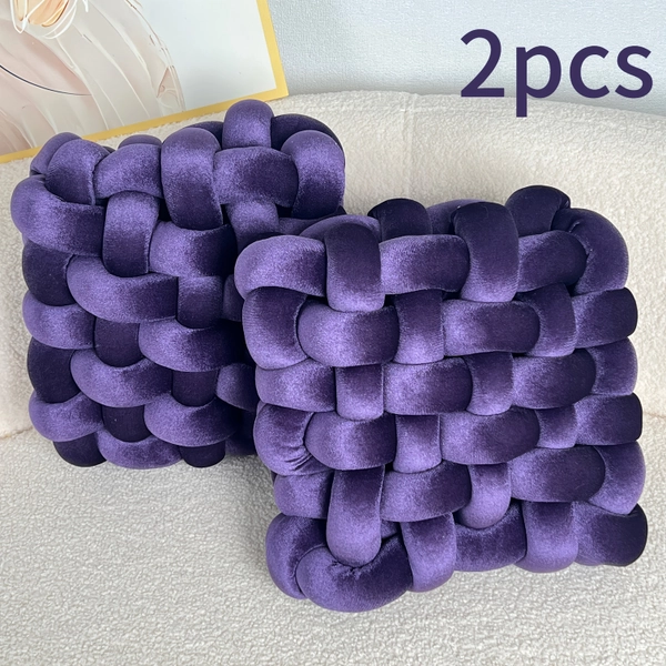 2pcs Set Golden Velvet Hand- Knotted Square Decorative Pillows, Knotted Floor Pillows, Suitable for Living Room Bay Window, Bedroom, Office, Sofa, Chair, Bed
