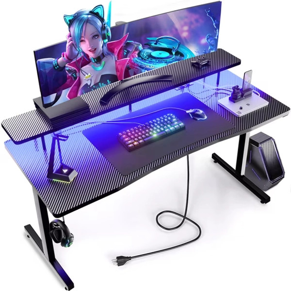 GTRACING 55" Large RGB Gaming Desk with Monitor Stand, Smart Led Light & Mouse Pad, Black