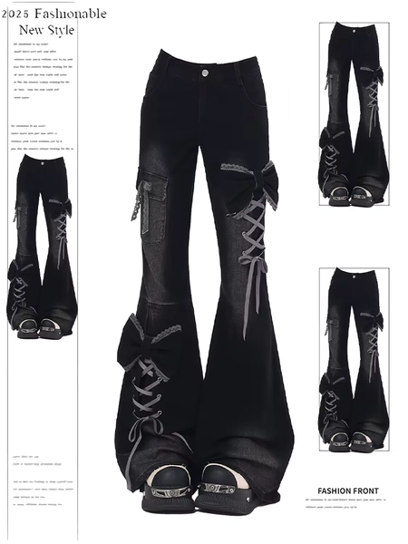 Women's Low Rise Flare Jeans Bow Lace Up Japanese Designer Denim Pants Shoujo Y2k American Retro Bell Bottom Jeans Harajuku New - AliExpress 