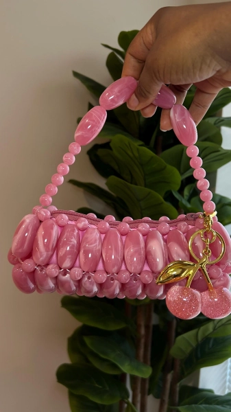 Bubblegum Handmade Beaded bag  for Outing  Beaded Purse with cherry charm and Zipper Closure