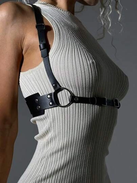 1 Fashion Women's PU Leather Body Harness - Adjustable Chest Strap Gothic Style Body Decorative Belt For Everyday Wear And Halloween Outfit