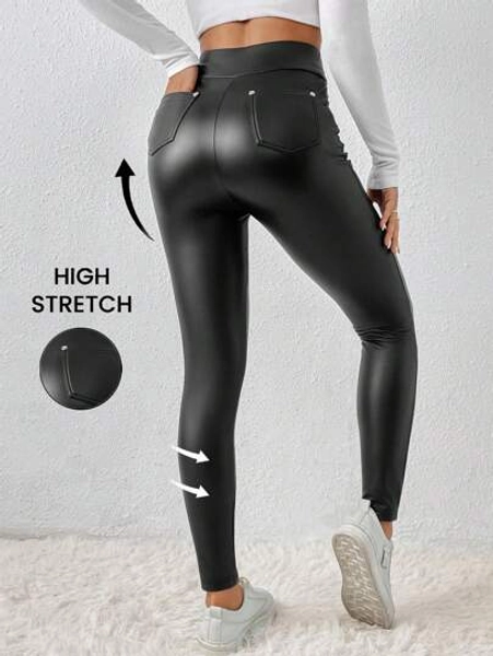 Frenchy Solid PU Leather Bodycon Black Leggings Winter Casual