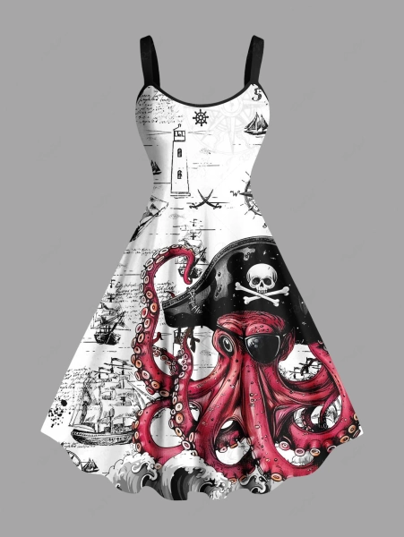 Robe débardeur trapèze grande taille à imprimé tête de mort, pieuvre, pirate, voilier, croisière hawaïenne