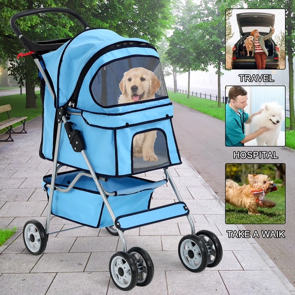 4 Wheels Pet Stroller Foldable Dog Stroller Cat Stroller with Cup Holders& Storage Basket for Small Medium Dogs, Blue - Walmart.com