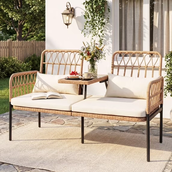 Tappio Outdoor Rattan Loveseat, Patio Rattan Conversation Set Seat Sofa Cushioned Loveseat Table Chairs with Built-in Coffee Table, Beige