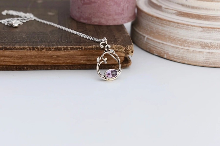 Handmade sterling silver lab alexandrite leafy vines art nouveau inspired pendant β Luna Flora Designs Handmade Floral Jewelry
