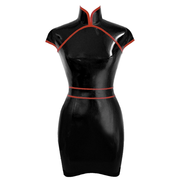 Latex Restricted Cheongsam Mini Dress w/ Belt w/ Single Trim as Standard in black/red