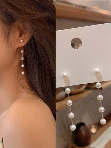 2pcs Simple Vintage Pearl Tassel Earrings, Women's Elegant Fashion Jewelry