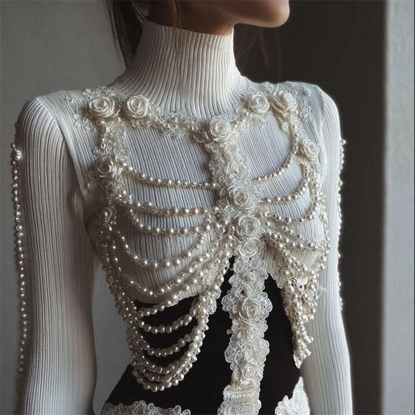 Vintage White Roses Skeleton Pearls Lace Contrast Turtleneck Sweater