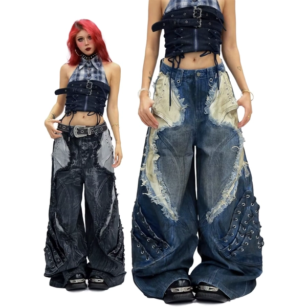 Jeans strappati vintage stile terreno abbandonato per donna autunno design americano, pantaloni larghi e appesi a gamba dritta