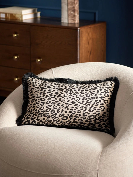 Black/Animal 50 x 30cm Velvet Faux Leopard Print Fringe Cushion