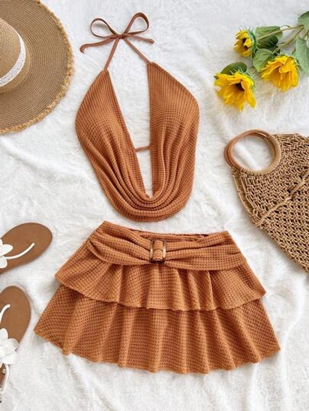 Soleia Women's Sexy Draped Neck Backless Tie Waist Double Layer Hem Metal Buckle Mini Skirt Two Pieces Set, Suitable For Party, Christmas, Date, Nightclub, Bohemian, Boho, Vacation, Fall