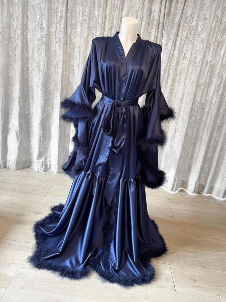Midnight Navy Blue Satin Robe: Feather Trim, Vintage Hollywood Style
