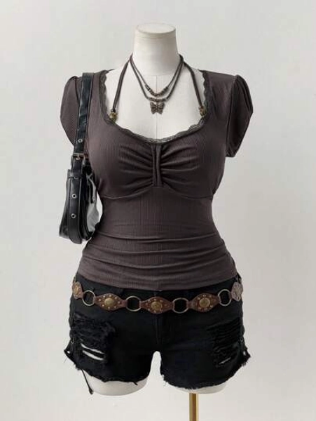 Sunspun Vintage amerikanischer Y2K-Stil Spitzentrimm-Perlen-Tailliertes Damen T-Shirt, Lässig Tee