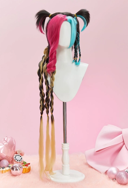 LoL Jinx Cosplay Wig Pink and Blue Highlights Wig with Braids
