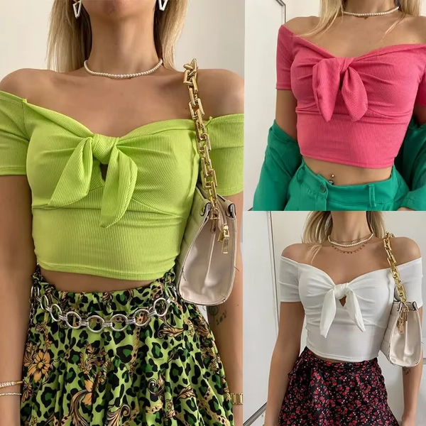 Sexy Off Shoulder Twist Bow Bare Midriff Short T Shirt Women Short Sleeves Bottoming Shirt Ladies Tee Shirt Tops Camisetas Mujer - AliExpress 200000345