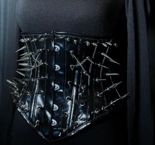 Goth PVC Spiked Corset: Black Vinyl Underbust, Steel Boned