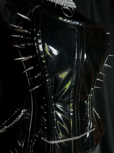 Goth PVC Spiked Corset: Black Vinyl Overbust, Steel Boned