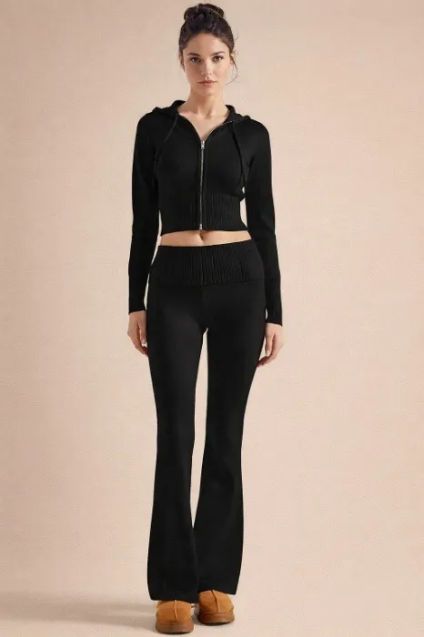 2 Piece Knit Set - Cropped Zip Up Hoodie + Foldover Flare Leg Pants - X-Small - Black